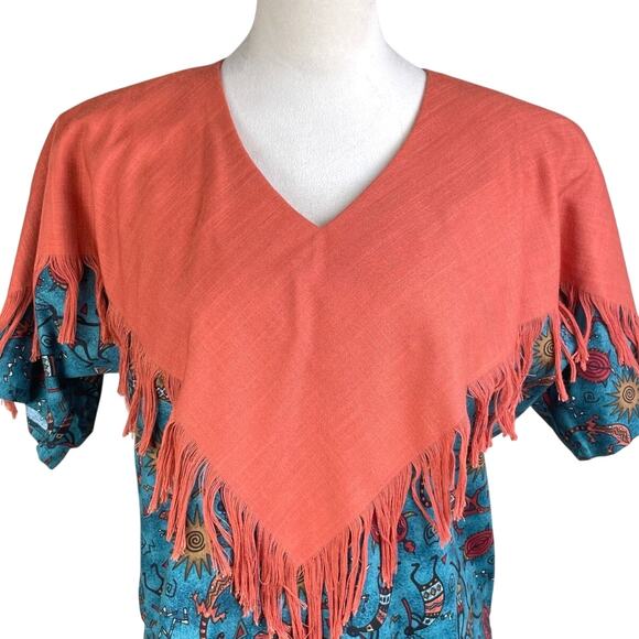 Carolene de Mesilla Vintage Burnt Orange Fringe Layered Shawl Southwestern Top - Picture 5 of 11